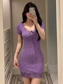 DAZY 甜美蝴蝶結印花蕾絲拼接修身短袖迷你洋裝 夏季女款睡裙 - 紫色 - 查看 4