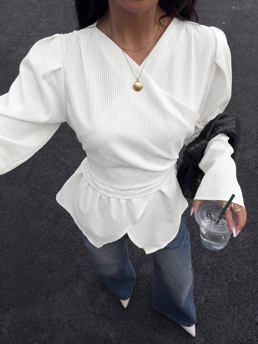 Siren Gaze Autumn/Winter New White Striped Waist-Cinching Shirt For Women - White - View 1
