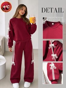 SHEIN Elladie kids 2件組大女孩甜美蕾絲蝴蝶結飾圓領長袖寬腿褲抓絨加厚運動衫褲套裝 秋季風格秋季穿搭 - 酒紅色 - 查看 4