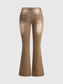 ROMWE Celana Jeans Wanita Model Flare Pinggang Rendah Bergaya Hippie Vintage Warna Cokelat dengan Efek Sobek dan Motif Cetak - Coklat - View 2