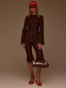 MUSERA Collared Button Down Seam Detail Cinched Waist Curved Hem Coord Shirt Fall Autumn Winter Cute Office Daily Butter Tailoring - Brown - View 2