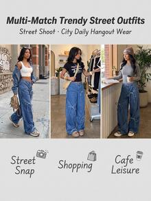 SHEIN Tall Women's Casual Washed Tie-Waist Wide Leg Jeans - Blue - View 11