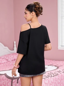 HELLO KITTY AND FRIENDS | SHEIN Women's Summer Casual Cartoon Print Asymmetric Collar T-Shirt - Black - View 2