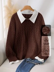 CosyJoli Sweater Lengan Panjang Kasual Harian Wanita Ukuran Plus dengan Motif Blok Warna - Chocolate Brown - View 1