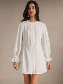 Poéselle Women's Solid Color Round Neck Ruffle Cuff Single-Breasted Casual Mini Dress - White - View 6