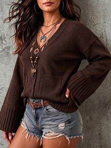 Ceyna Plus Size Women's Straight Long Sleeve Cardigan Sweater With Pockets, Suitable For Daily Outings And Home Wear Winter - Coffee Brown - View 5