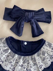 Newborn Baby Girl Fleece Romper, Autumn/Winter Elegant Princess Style Lace Trim Crawl Suit, Long Sleeve Footed Bodysuit With Headband, 2 Pieces Set Home Wear - Navy Blue - View 3