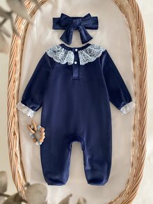 Newborn Baby Girl Fleece Romper, Autumn/Winter Elegant Princess Style Lace Trim Crawl Suit, Long Sleeve Footed Bodysuit With Headband, 2 Pieces Set Home Wear - Navy Blue - View 2