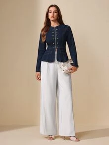 Selenza Jaket Denim Kasual Wanita Kancing Ganda, Musim Gugur - Dark Wash - View 7