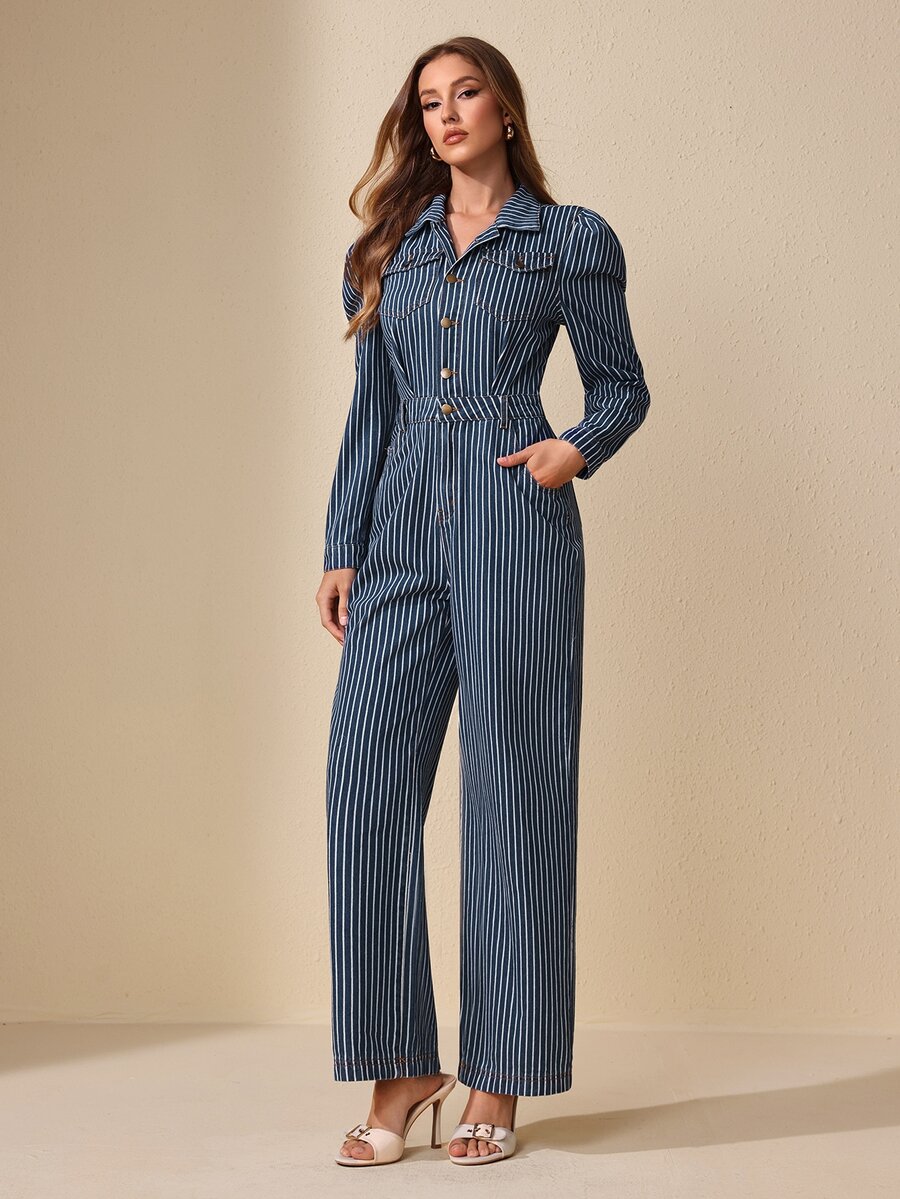 Selenza Jumpsuit denim nữ đi làm họa tiết sọc tay phồng gigot