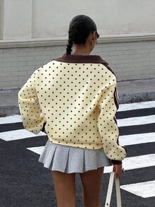 Muchica 女款秋季波點印花馬標內裡對比色緞帶刺繡寬鬆波羅領運動衫，休閒日常棕色波點淺灰色 - 彩色 - 查看 2