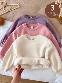 SHEIN Baby Girl 2pcs/Set Knit Solid Color Crew Neck Pullover Sweatshirt - Multicolor - View 4