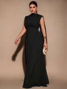 SHEIN BAE CURVE 大尺碼女款純色立領百褶腰優雅洋裝 - 黑色 - 查看 3