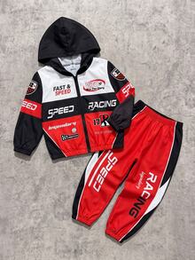 Young Boy Jacket Set, Boys Racing Theme 2 Pieces Set, Hooded Zip-Up Jacket + Jogger Pants. Red Black White Colorblock Patchwork, All-Over Racing Style Letter Print, Elastic Cuffs And Hem, Smooth Fabric, Motorcycle Style - Red - View 1