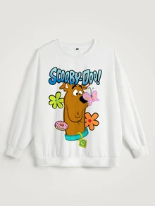 SCOOBY-DOO X SHEIN 大尺碼女款圓領字母卡通印花休閒日常衛衣 秋季 - 白色 - 查看 6