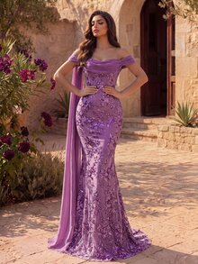 Coutiva Lake Blue Off-Shoulder Ruched Sequin Fitted Mermaid Side Drape Flounce Train Long Evening Gown - Purple - View 3