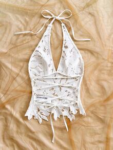 Soleia Women's Hollow Embroidered Fashion Versatile Halter Neck Tank Top - White - View 2