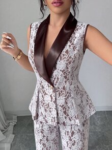 Elenzga 春夏女款復古優雅披肩領無袖收腰A字蕾絲複合面料精緻夾克長褲兩件套西裝，適合通勤、日常穿著、辦公室、購物、派對、音樂節等多種場合 - 咖啡棕 - 查看 4