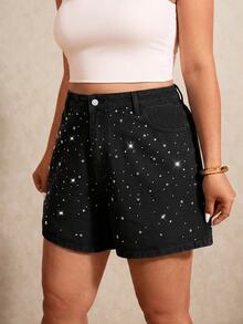 Elaquor Plus Size Fashion Rhinestone Button Pocket Black And White Shorts Formal Club Summer Casual Baggy - Black - View 6