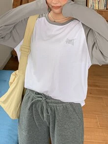 Dazy Plus Crew Neck Contrast Color Raglan Sleeve Letter Print Urban Casual Streetwear Preppy Style Loose Fit T-Shirt - White - View 8