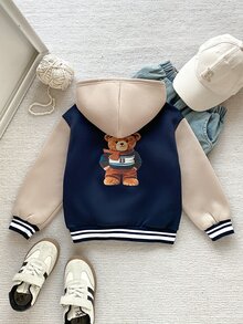 PrepCrw Young Boy Colorblock Bear Print Back Zipper Hooded Jacket - Multicolor - View 3