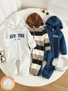 SHEIN 3件組男嬰秋冬休閒卡通熊貼布連帽長袖連身衣與長褲基礎連身衣多件套裝嬰兒連身衣 - 彩色 - 查看 1
