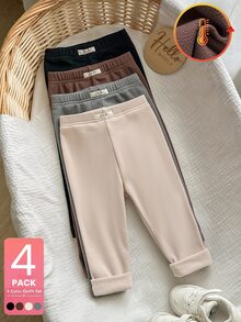 SHEIN Vintaside Kids Baby Girl Autumn/Winter Casual All-Match Minimalist Versatile Comfortable Fleece-Lined Thick Knit Solid Color Leggings 4pcs Set, Suitable For Daily Casual Wear, Outings, School Outfits - Multicolor - View 3