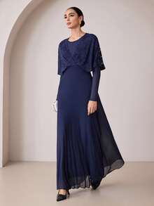 Graceveil Navy Blue Lace Twisted Shawl Style 2 In 1 Long Sleeve Evening Gown - Royal Blue - View 4