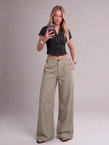 Avantive Women's Solid Color Pocket Wide Leg Loose Casual Suit Pants - Khaki - View 3