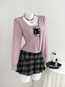 Elamini Sweater Wanita Lengan Panjang Warna Polos Motif Geometris 2 In 1 - Berwarna merah muda - View 1