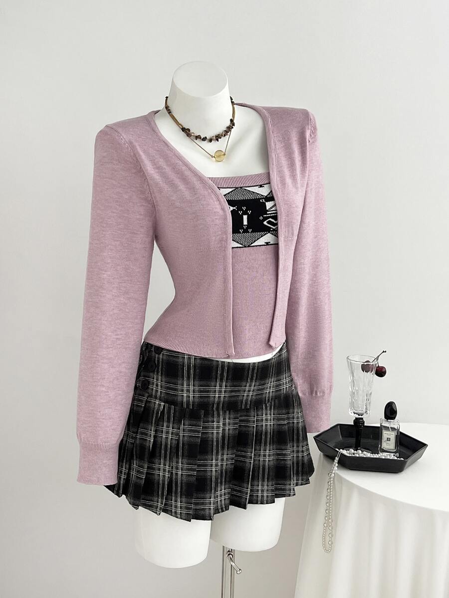Elamini Sweater Wanita Lengan Panjang Warna Polos Motif Geometris 2 In 1 - Berwarna merah muda - View 1