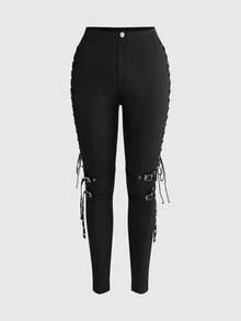 ROMWE Grunge Punk Dark Punk Motorcycle Heavy Duty Eyelet Webbing Tie Design High Elasticity Slim Fit Plus Size Cropped Pants - Black - View 5