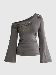 ROMWE Kaos Lengan Panjang Asimetris Longgar dengan Desain Rivet Berlubang Gaya Vintage Y2K Hot Girl Burnout - Grey - View 1
