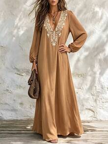 Breezaya Women's Fashion Elegant Vacation Style Embroidered Long Sleeve Dress - Brown - View 3