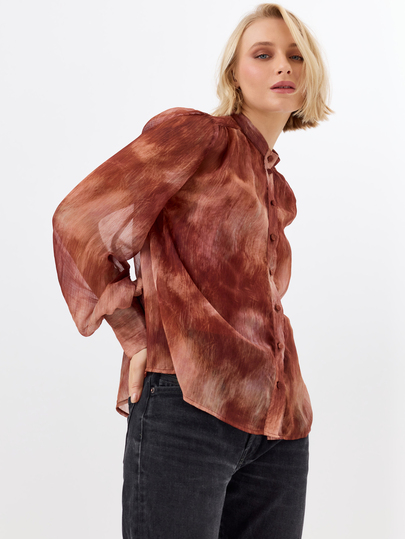 KÆRIA Hus Sheer Gathered Long Sleeve Blouse With Slip - Gossamer Crinkle - Rust Abstract Print - Elegant
