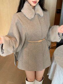 DAZY Women's Vintage Elegant Faux Fur & Wool Blend Coat - Apricot - View 1