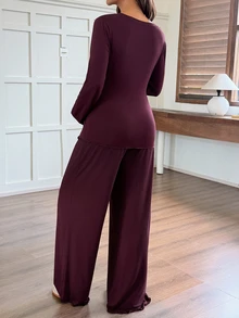 Dazy Maternity Solid Color V-Neck Long Sleeve T-Shirt And Straight Leg Pants Casual Loungewear Daily Spring Autumn Maternity 2 Pieces Set - Burgundy - View 2