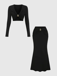 Sweetra Women's 2 Pieces Set Metal Buckle Deep V-Neck Top And Long Skirt, Elegant Vacation Style - Black - View 1