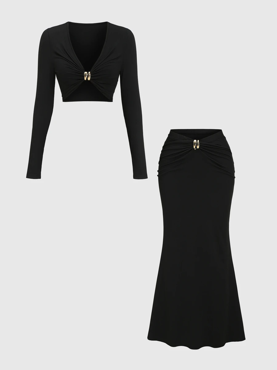 Sweetra Women's 2 Pieces Set Metal Buckle Deep V-Neck Top And Long Skirt, Elegant Vacation Style - Black - View 1