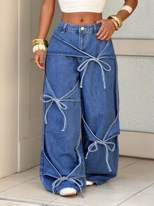 SHEIN Tall Women's Casual Washed Tie-Waist Wide Leg Jeans - Blue - View 1
