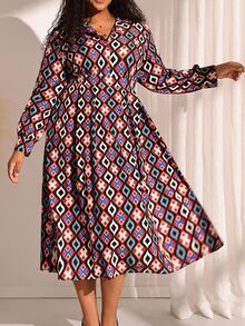 EMERY ROSE Gaun Wanita Ukuran Besar Lengan Panjang Motif Geometris dengan Saku, Kasual Elegan, Cocok untuk Musim Gugur, Kantor, Formal, dan Acara Malam, Warna Hitam - MultiWarna - View 7