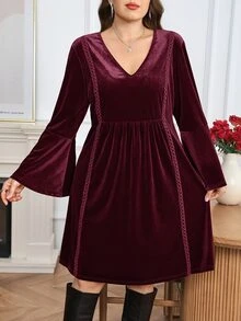 Easowa Curve Plus Size Elegant Bell Sleeve Dress For Autumn/Winter - Burgundy - View 6