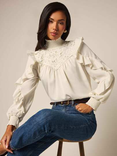 COSMINA Women's High Neck Long Sleeve Lace Patchwork Ruffle Decor Blouse Cream Color