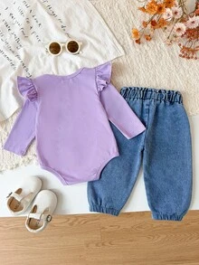 SHEIN Vintaside Kids 2件組紫色女嬰甜美花朵蝴蝶結紙袋腰傘狀袖連身衣褲套裝 秋季 - 紫色 - 查看 2
