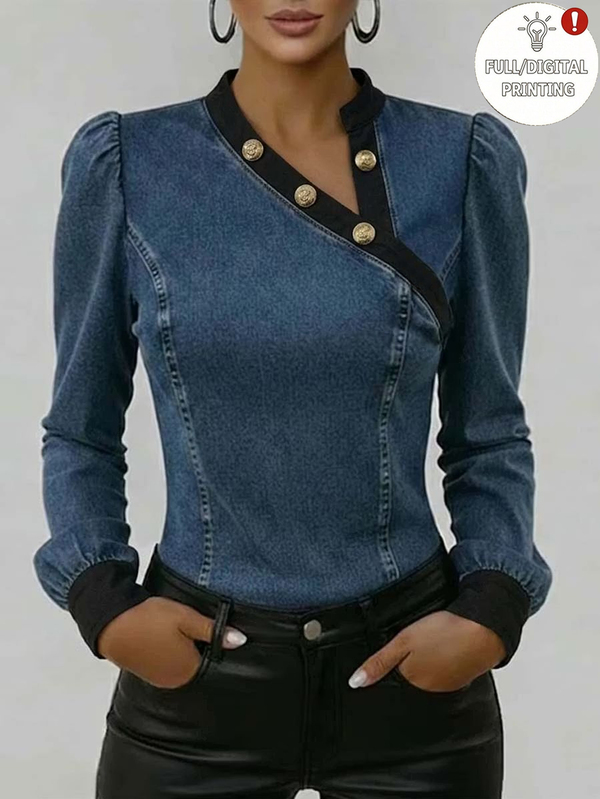 SHEIN 歐美新款時尚不對稱復古領設計修身顯瘦裝飾鈕扣長袖女式襯衫，女式秋冬T恤，長袖上衣，秋冬服飾，秋季穿搭，度假，外出，Y2K，春季，夏季，返校，休閒，海灘，商務，百搭，性感，女式藍色T恤