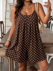 SHEIN CURVE+ Plus Size Casual Vintage Polka Dot Pattern Brown Spaghetti Strap Jumpsuit Suitable For Summer - Multicolor - View 3