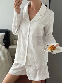 Livesso Women's Textured Button Long Sleeve Top And Shorts Loungewear Set Fall - White - View 6