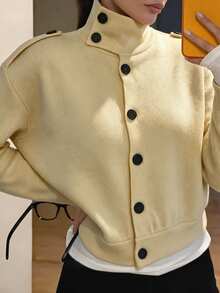 Struktiv Women's Autumn/Winter Single Piece Asymmetric Button High Neck Shoulder Patch Ribbed Knit Cardigan Short Loose Vintage Commute Layering Sweater Jacket - Yellow - View 1