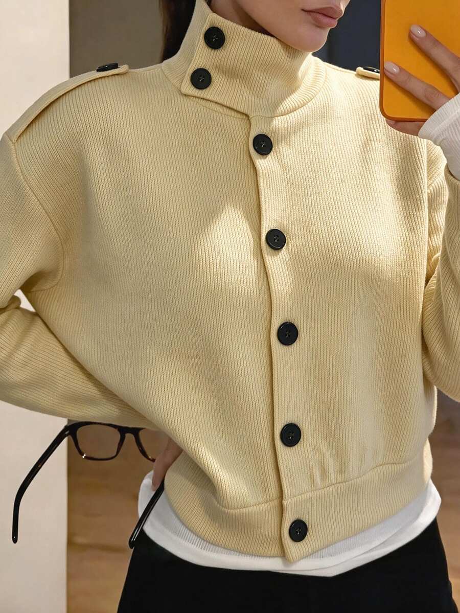 Struktiv Women's Autumn/Winter Single Piece Asymmetric Button High Neck Shoulder Patch Ribbed Knit Cardigan Short Loose Vintage Commute Layering Sweater Jacket - Yellow - View 1