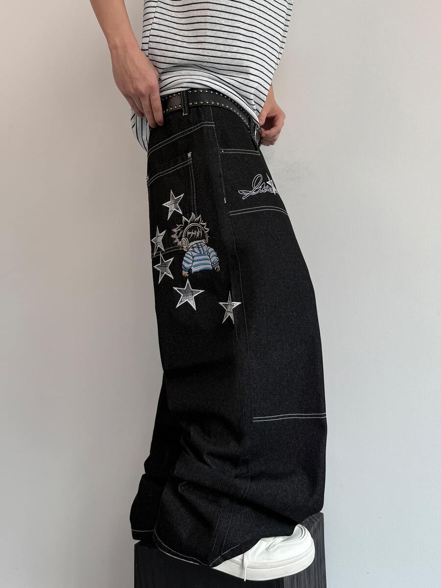 STEELVANCE Celana Jeans Denim Kasual Gaya Jalanan Vintage, Serbaguna, dengan Desain Lusuh, Dicuci, Bordir Rivet, Jahitan Kontras, Potongan Longgar, Lurus, dan Lebar (Sabuk Tidak Termasuk) - Hitam - View 1